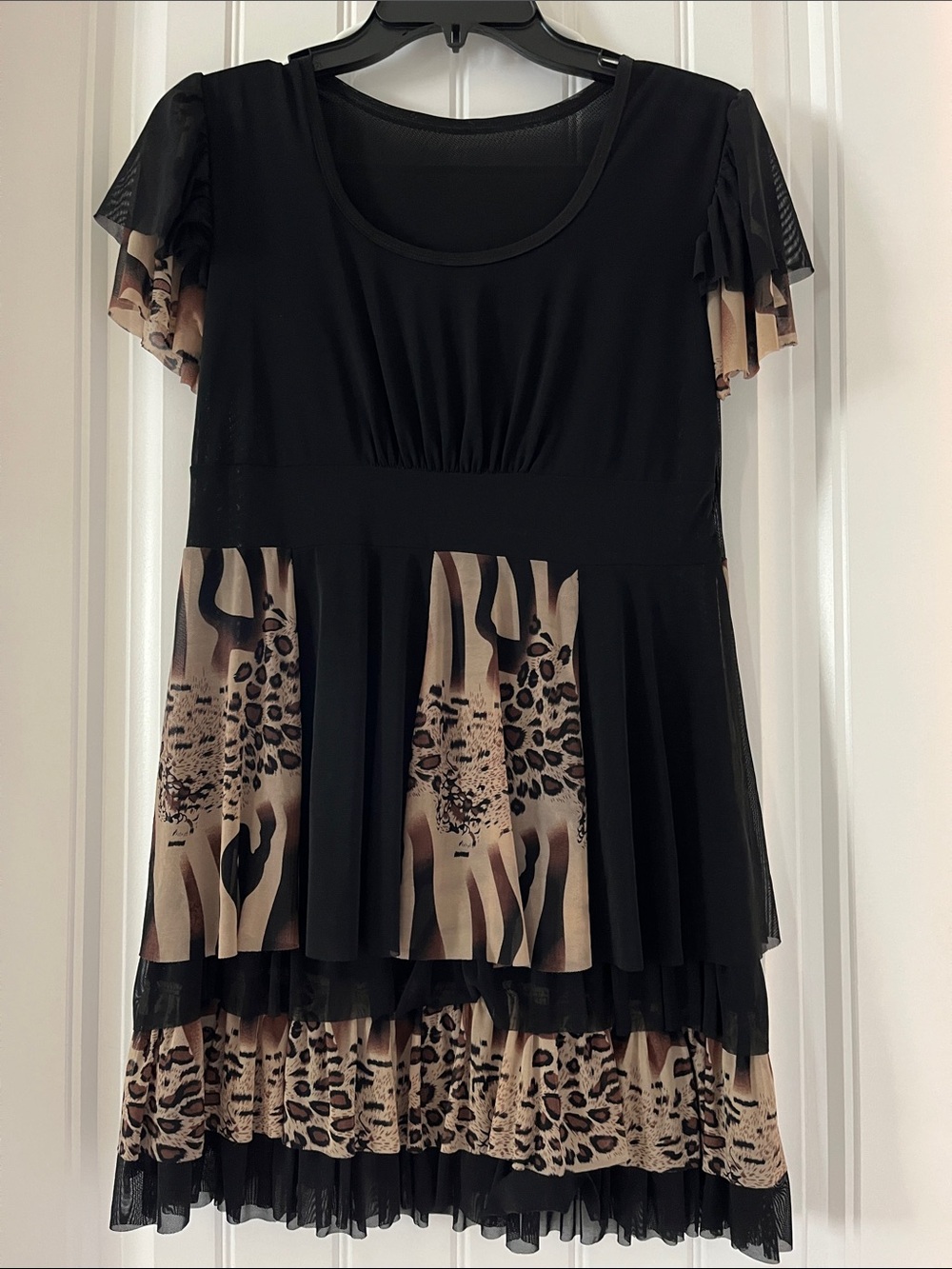 Unbranded Black and Tan Animal Print Tiered Mesh Tunic